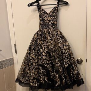 Little Girl's Black and Gold Star Patterned Formal Dress